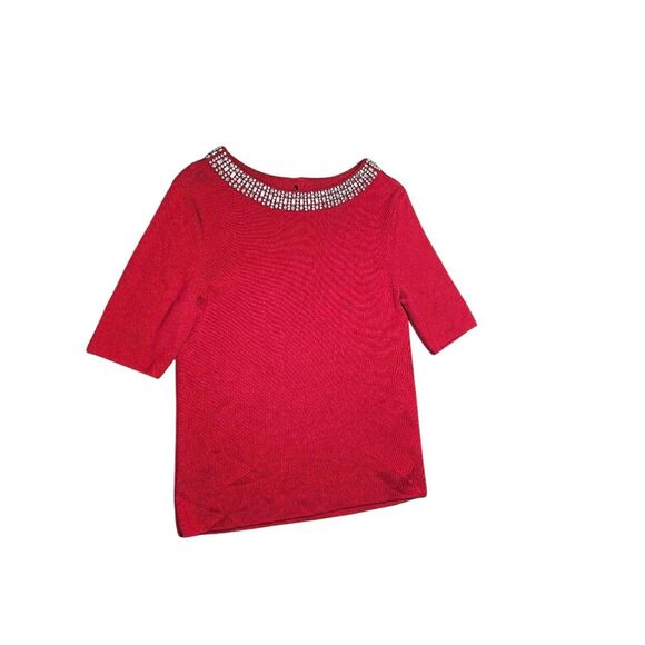 Talbots Red Knit Blouse Embellished Jeweled Neckline Sweater Career Comfort NEW - Picture 6 of 9